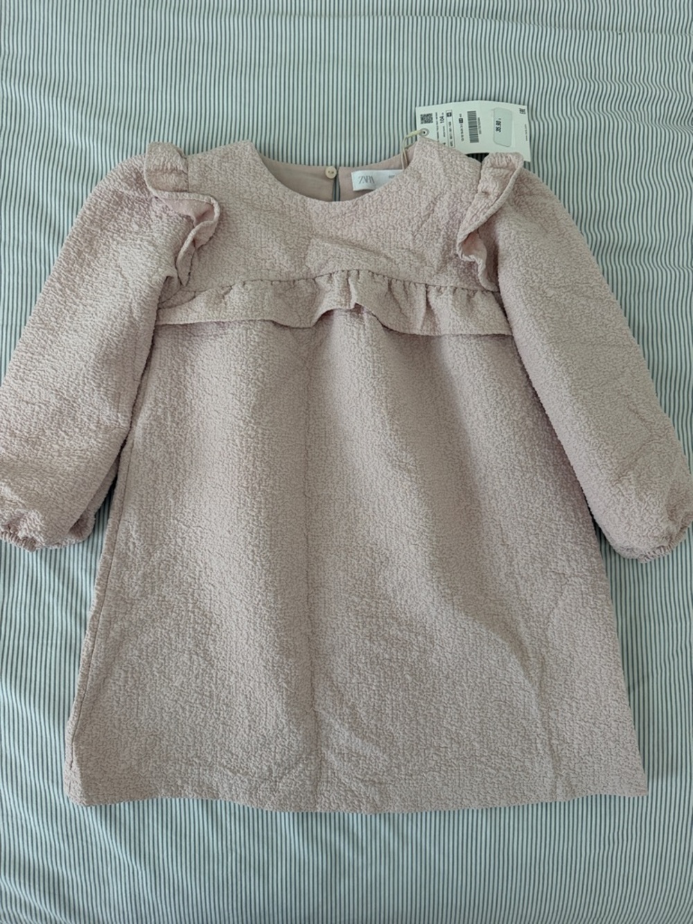 Zara Kids Light Pink Textured Ruffle Long-Sleeve Dress